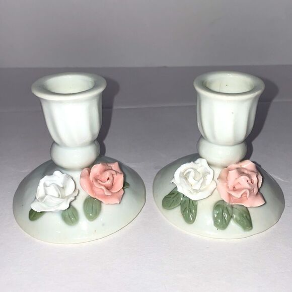Vintage Porcelain Small Candle Stick Holders With Hand Painted Rose Design - Picture 3 of 12